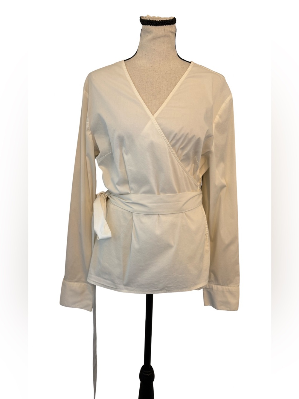 Marilyn Monroe White Wrap Blouse Top XL Cotton Blend Long Sleeve Tie Waist